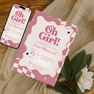 Convites Chuva de Bebê Retro Groovy Rosa Xadrez Oh Girl