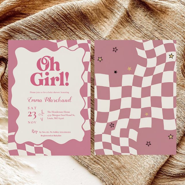 Convites Chuva de Bebê Retro Groovy Rosa Xadrez Oh Girl (Criador carregado)