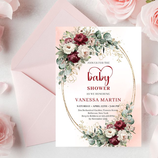 Convites Chuva de Bebê Romântica Boho Borgonha Eucalipto Do (Romantic Burgundy Eucalyptus Gold Baby Shower Invite)