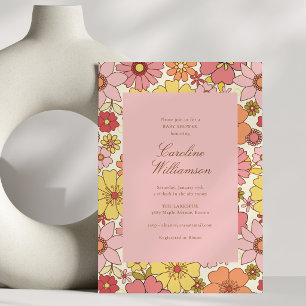 Convites Chuva de Bebê Rosa Amarelo Floral Groovy Moderno