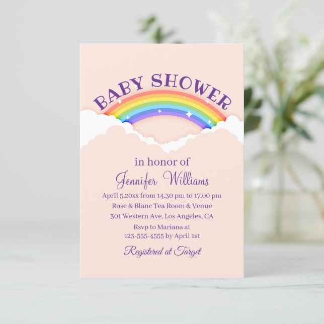 Convites chuva de bebê rosa arco-íris e nuvens estilosos fo (Em pé/Frente)