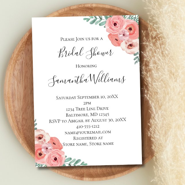 Convites Chuva de Bebê Rosa Branca com Flora e Folhagens (Pink Floral Watercolor Bridal Shower Invitation)