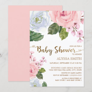 Convites Chuva de Bebê Rosa Branco Flores Rosas Elegante Ro