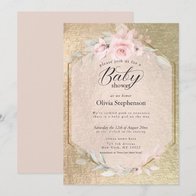 Convites Chuva de Bebê Rosa Dourado para Menina (Frente/Verso)