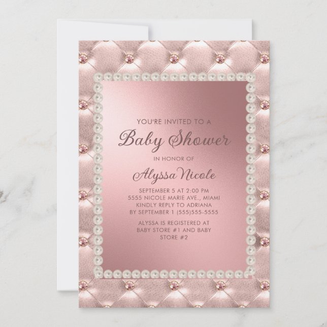 Convites Chuva de Bebê Rosa Elegante Dourado Branco Pérolas (Frente)