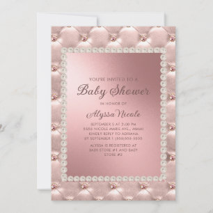 Convites Chuva de Bebê Rosa Elegante Dourado Branco Pérolas