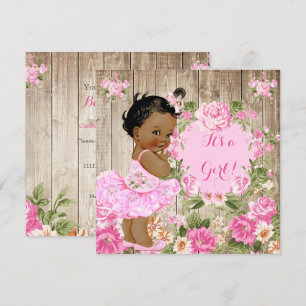 Convites Chuva de Bebê Rosa Floral Rústico Madeira Menina É