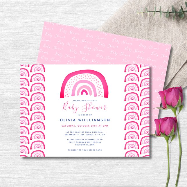 Convites Chuva de Bebê Rosa Moderno Arco-íris (Pink rainbow baby shower landscape invitation.  Matching accessories and party range available.)