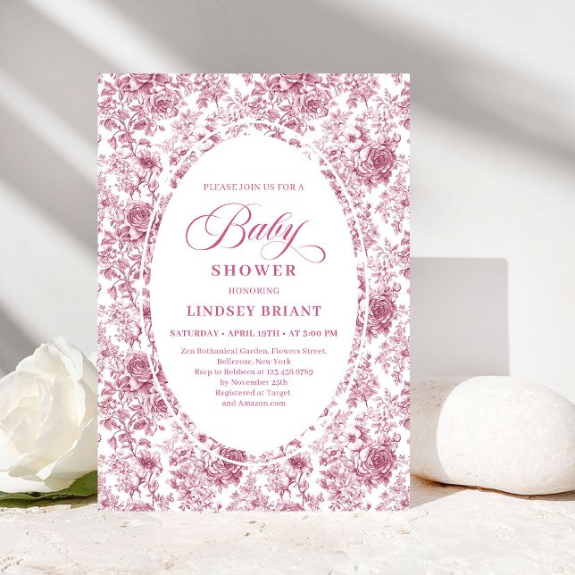 Convites Chuva de Bebê Rosa Poeira Elegante Francês Toile (Elegant French Toile Roses Dusky Pink Baby Shower)