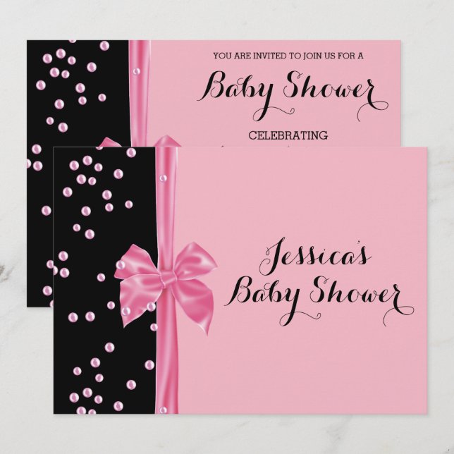 Convites Chuva de Bebê Rosa Romântica com Laço e Pérolas (Frente/Verso)