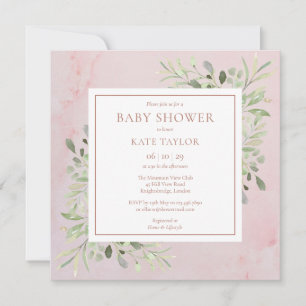 Convites Chuva de Bebê Rose Gold Mármore Folhagens Sprink