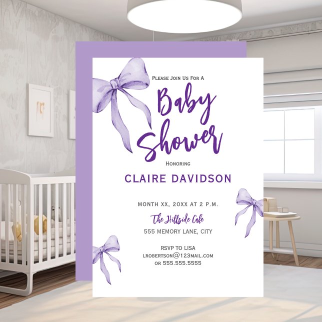 Convites Chuva de Bebê Roxo Suave (Baby Shower Soft Purple Bows Invitation)