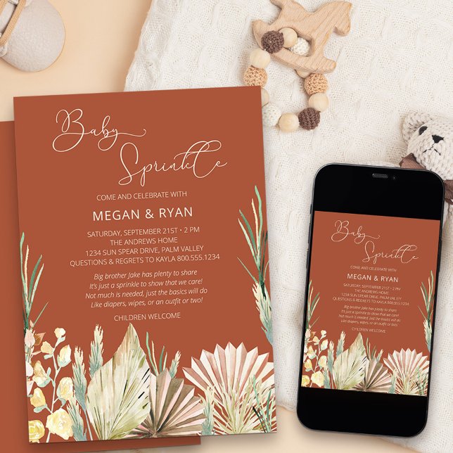 Convites Chuva de Bebê Rústica Boho Palma Terracota (Neutral and earthy boho baby sprinkle invitation with dried palms flowers and grass)