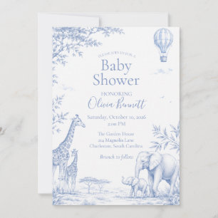 Convites Chuva de Bebê Safari Girafa Elefante Azul