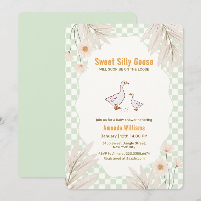Convites Chuva de Bebê Sage Gingham Daisy Boho Silly Goose (Frente/Verso)