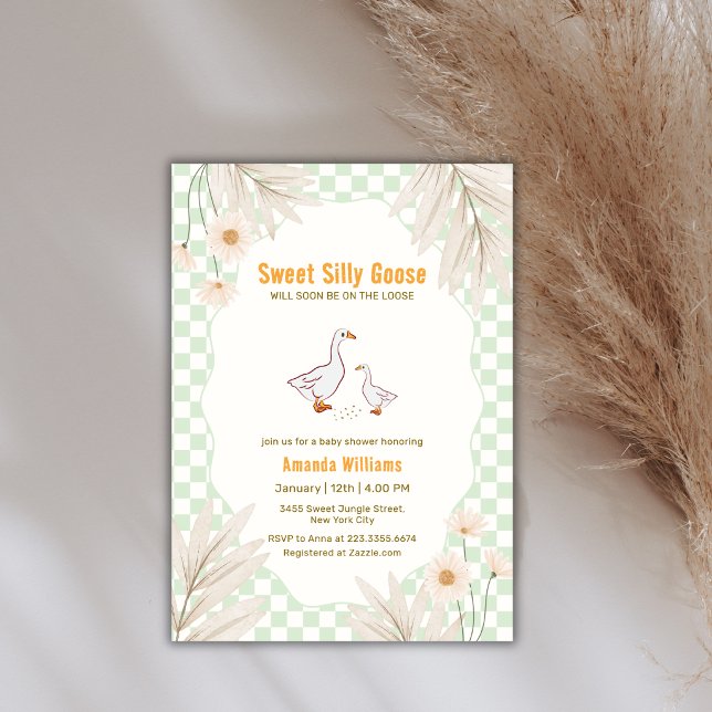 Convites Chuva de Bebê Sage Gingham Daisy Boho Silly Goose (Sage Gingham Daisy Boho Silly Goose Baby Shower Invitation)