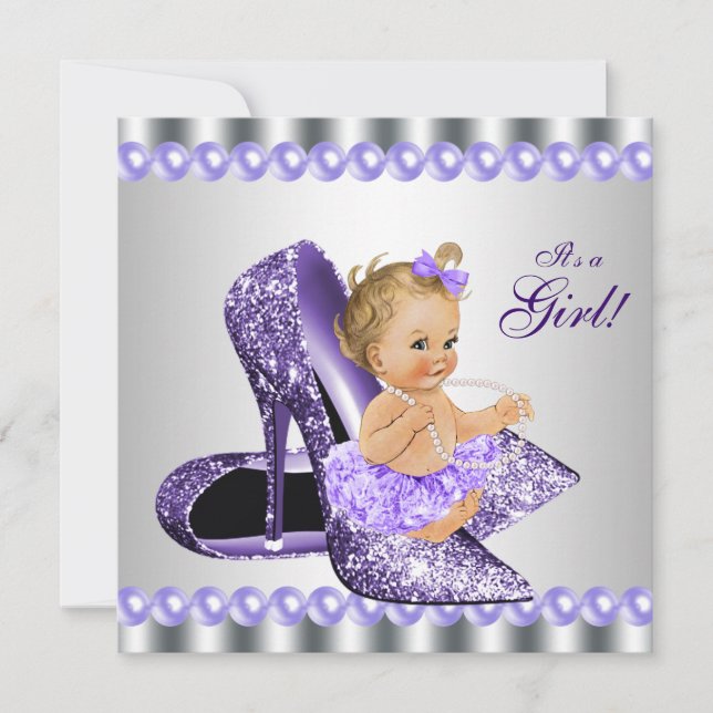 Convites Chuva de Bebê Sapato de Salto Alto Roxo Cinza (Frente)