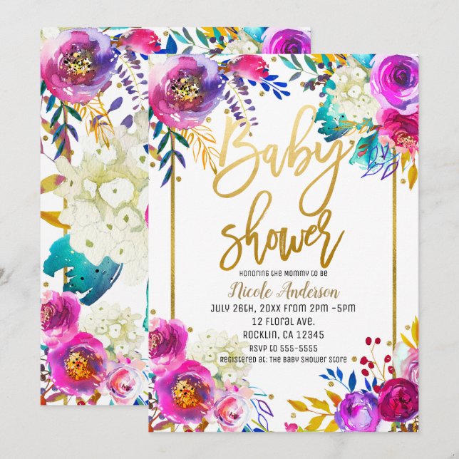 Convites Chuva de Bebê Script Dourado Negrito Floral Aquare (Frente/Verso)