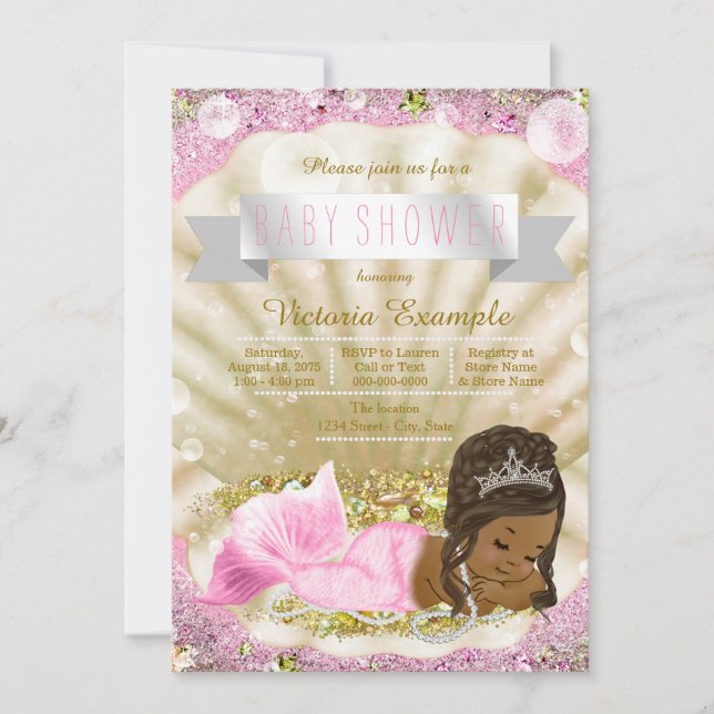 Convites Chuva de Bebê Sereia Afro-Americana em Dourado Ros (Frente)