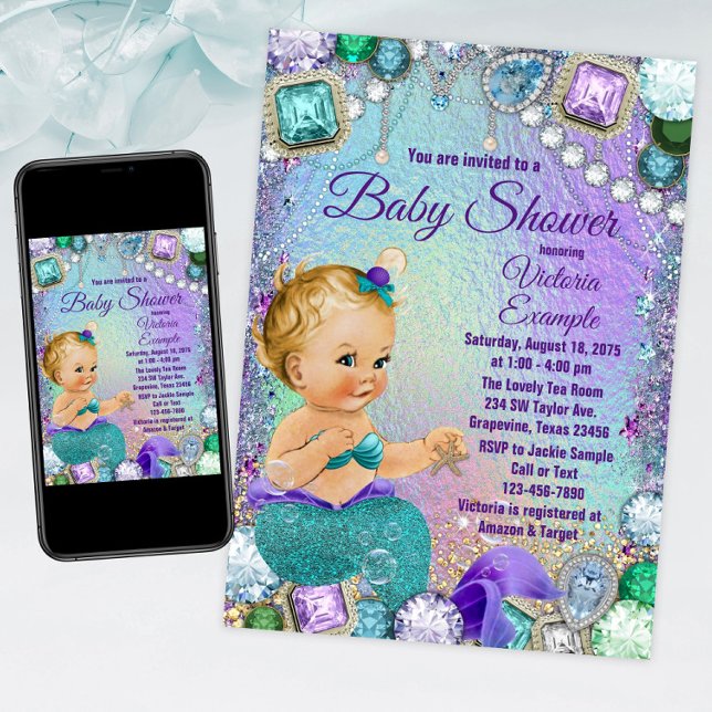 Convites Chuva de Bebê Sereia Loura Joia (Mermaid baby shower invitation with cute mermaid baby on a jewel background. For print or download.)