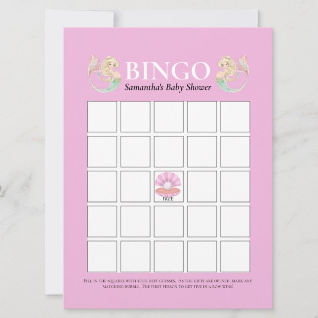 Convites Chuva de Bebê Sereia Mãe  Bingo Rosa Branco (Frente)