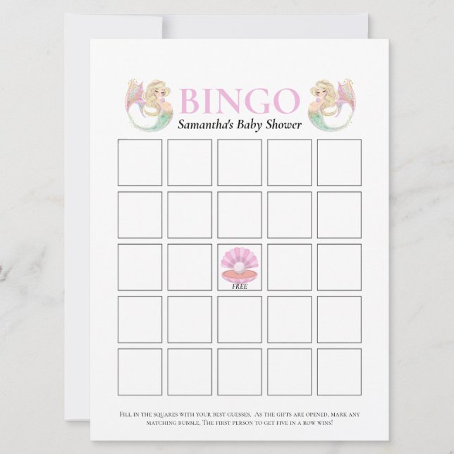Convites Chuva de Bebê Sereia Mãe  Jogo de Bingo Rosa Branc (Frente)
