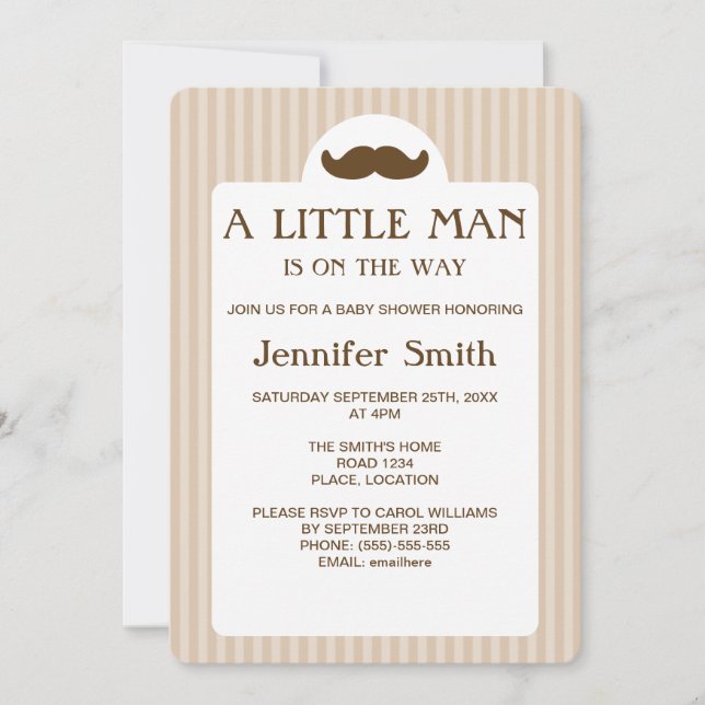 Convites Chuva de Bebê Silhueta de Bigode Marrom Homem Pequ (Frente)