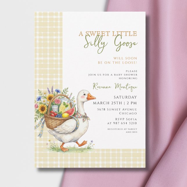 Convites Chuva de Bebê Silly Goose Amarelo Gingham Flor (Criador carregado)