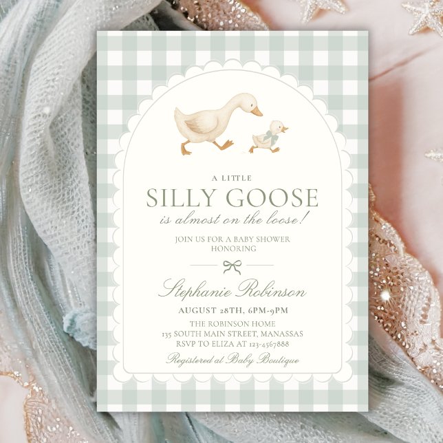 Convites Chuva de Bebê Silly Goose Arco Neutro em Xadrez Ve (Criador carregado)
