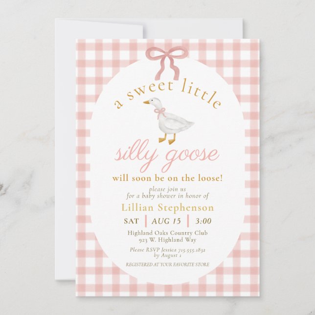 Convites Chuva de Bebê Silly Goose Blush Rosa Xadrez (Frente)