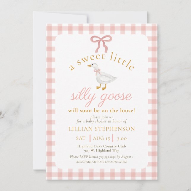 Convites Chuva de Bebê Silly Goose Blush Rosa Xadrez (Frente)