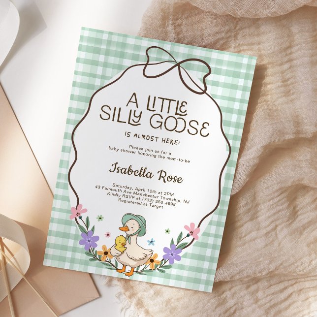 Convites Chuva de Bebê Silly Goose em Xadrez Verde Neutro (Criador carregado)
