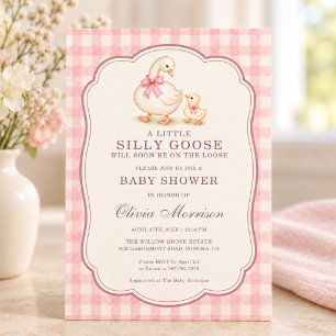 Convites Chuva de Bebê Silly Goose Rosa Xadrez com Laço