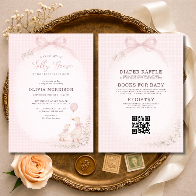 Convites Chuva de Bebê Silly Goose Rosa Xadrez Tudo em Um (Criador carregado)