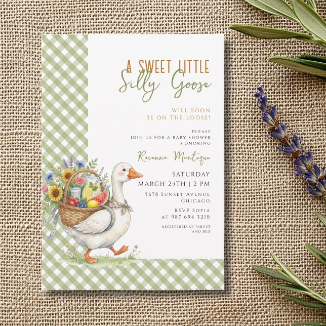 Convites Chuva de Bebê Silly Goose Verde Xadrez Floral (Criador carregado)