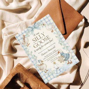 Convites Chuva de Bebê Silly Goose Winter em Xadrez Azul