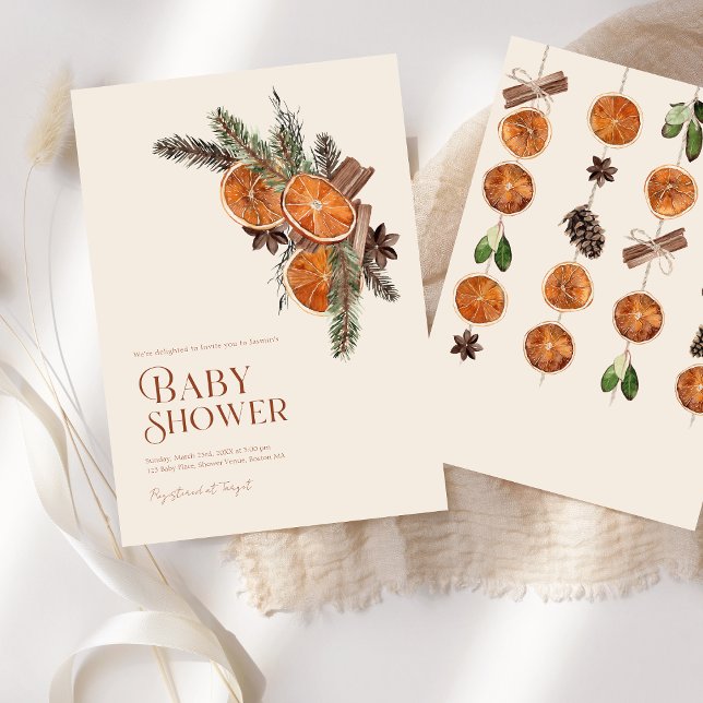 Convites Chuva de Bebê Simples de Laranja Seca e Canela de  (Simple Dried Orange Slices & Cinnamon Baby Shower Invitation)
