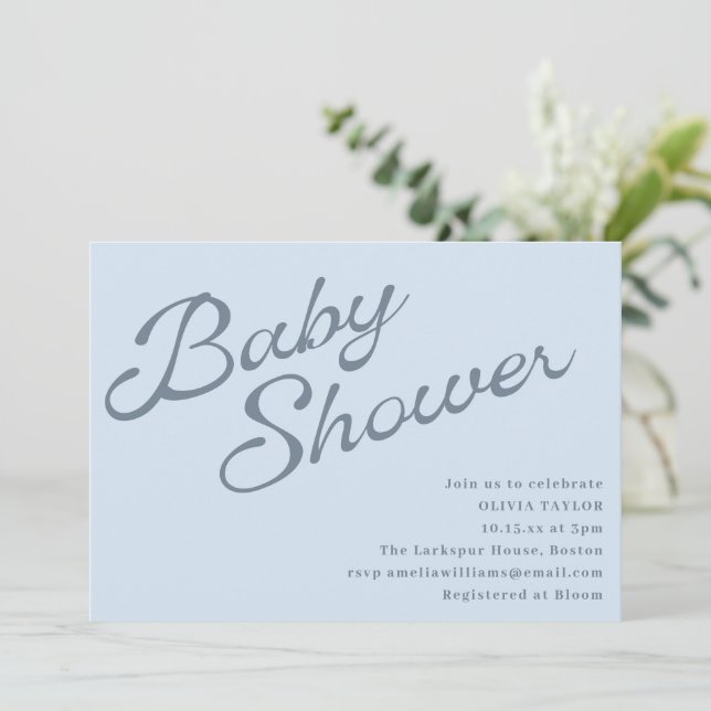 Convites Chuva de Bebê Simples Elegante Azul Script (Em pé/Frente)