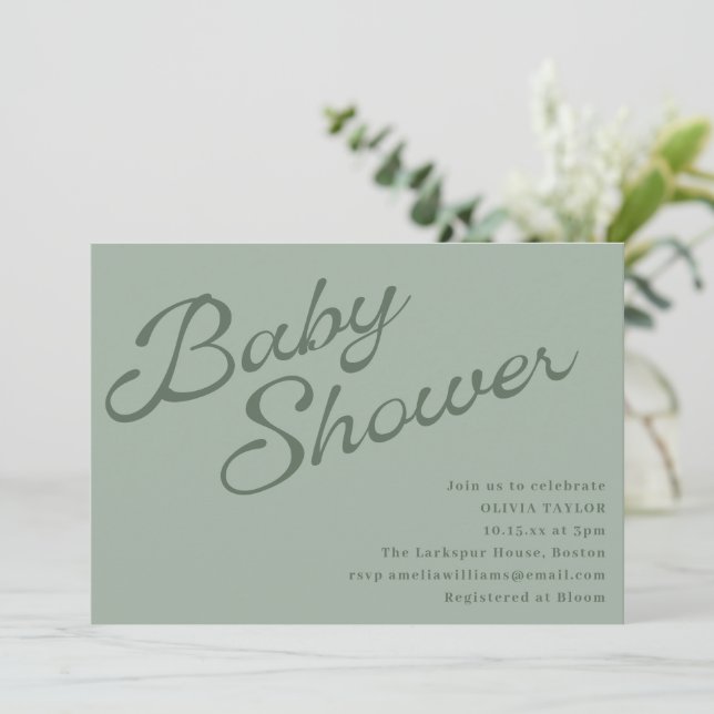 Convites Chuva de Bebê Simples Elegante em Verde Oliva com  (Em pé/Frente)