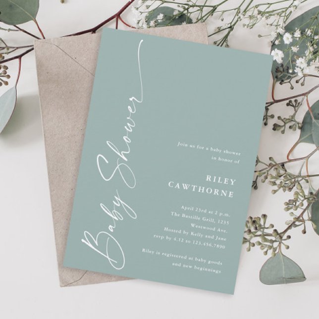 Convites Chuva de Bebê Simples Script Sage Neutro (Simple script sage green gender neutral  boho baby shower invitation.)