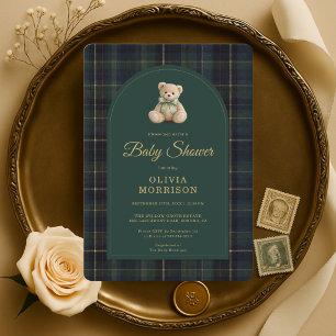 Convites Chuva de Bebê Tartan Verde Urso de Pelúcia