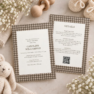 Convites Chuva de Bebê Taupe Marrom Gingham Tudo em Um Retr