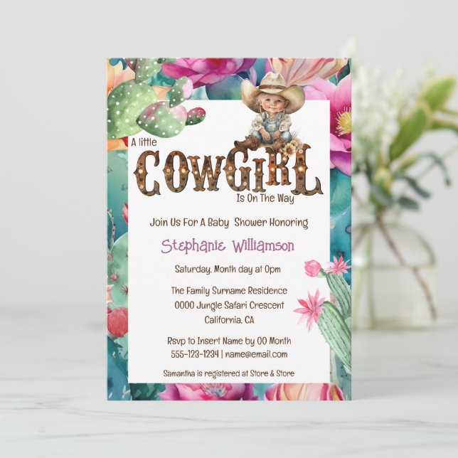 Convites Chuva de bebê tema cowgirl menina cacto (Em pé/Frente)