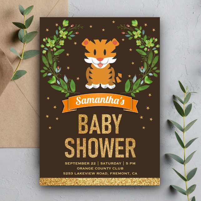 Convites Chuva de Bebê Tema Safari Floresta Tigre Fofo (Criador carregado)