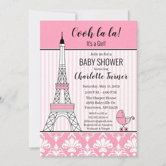 Convites Chuva de Bebê Tema Torre Eiffel Paris rosa (Frente)