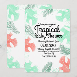 Convites Chuva de Bebê Tropical Aquarela Monstera Coral