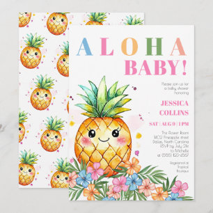 Convites Chuva de Bebê Tropical de Verão Abacaxi Rosa Aloha