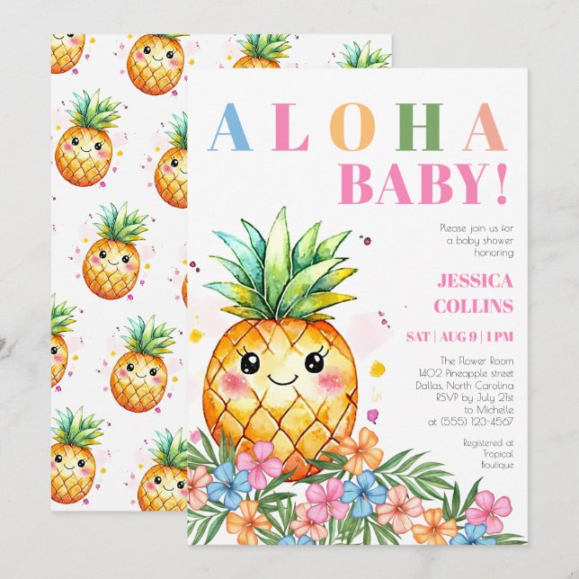 Convites Chuva de Bebê Tropical de Verão Abacaxi Rosa Aloha (Frente/Verso)