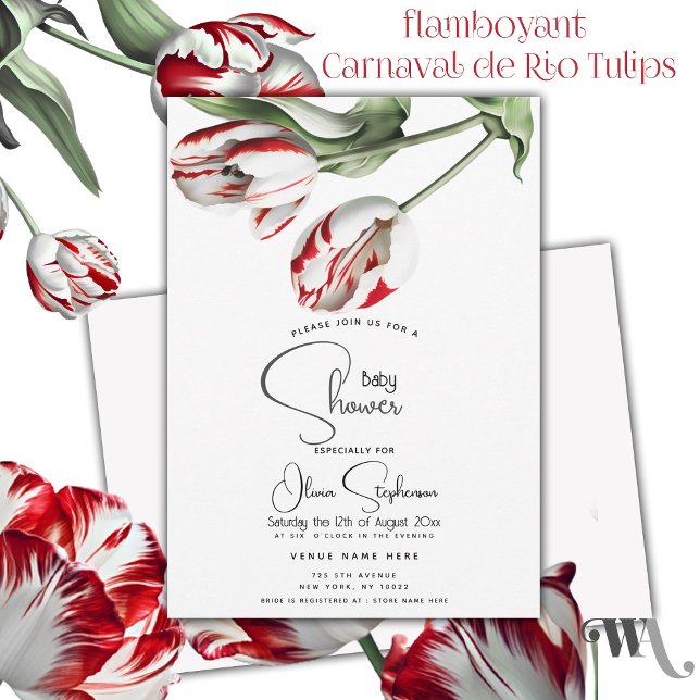 Convites Chuva de Bebê| Tulipas Rembrandt Vermelhas e Branc ( Brilliant & joyful red and white tulips welcome the upcoming blessed event!)