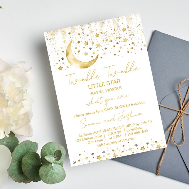 Convites Chuva de bebê Twinkle twinkle little star (Twinkle twinkle little star baby shower template invitation digital download gold moon and stars)